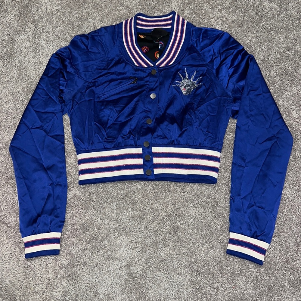 BEBE blue satin “New York” jacket